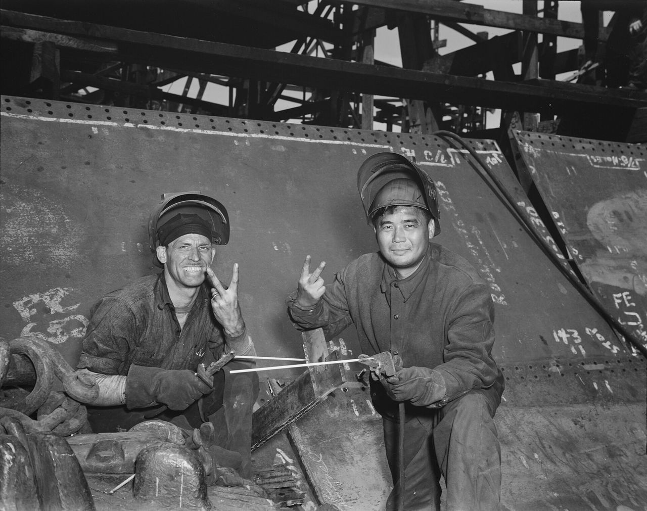 Electric welders building the Liberty ship Frederick Douglass, 1943