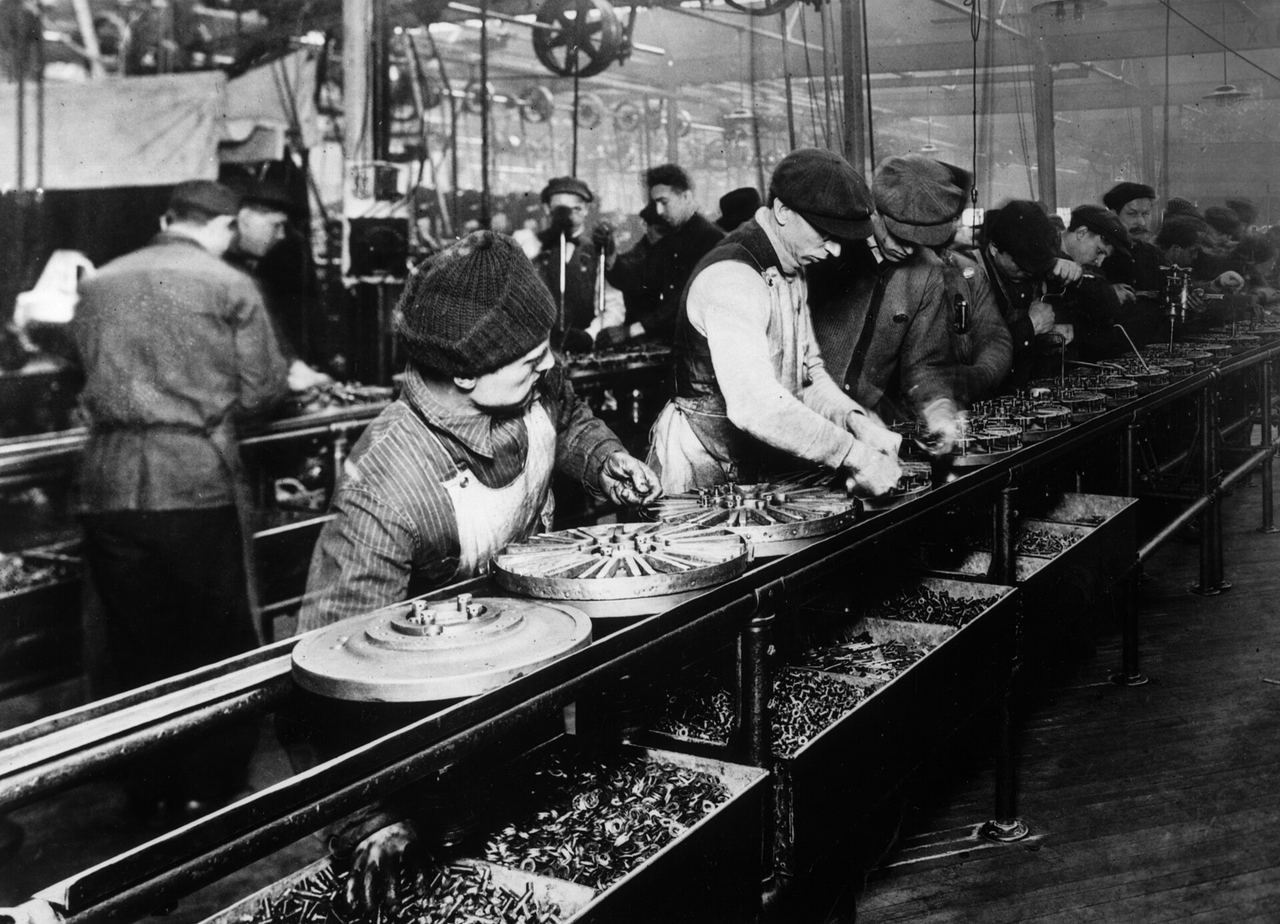 The moving assembly line at Ford's Highland Park plant, 1913