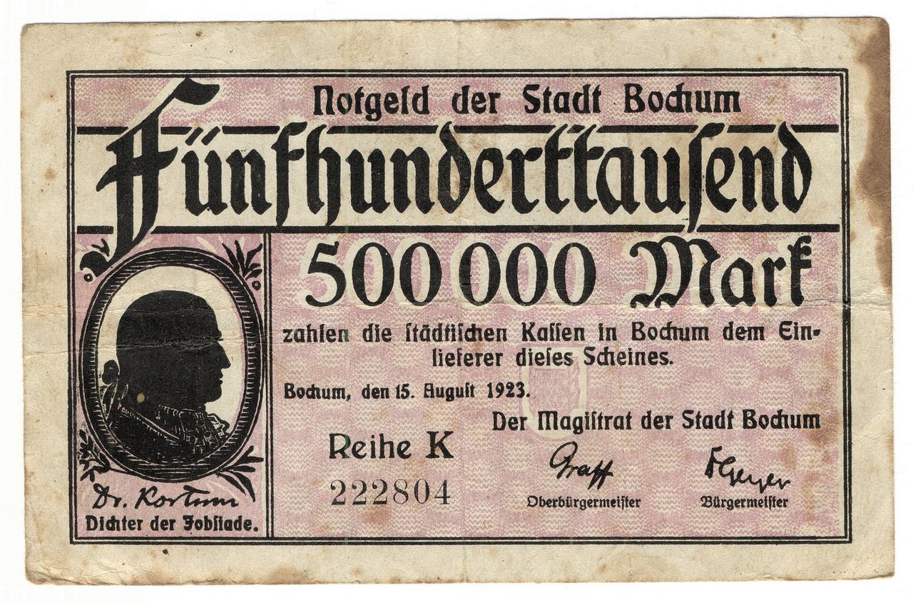 A 500,000-mark emergency banknote issued by the city of Bochum during Germany's 1923 hyperinflation