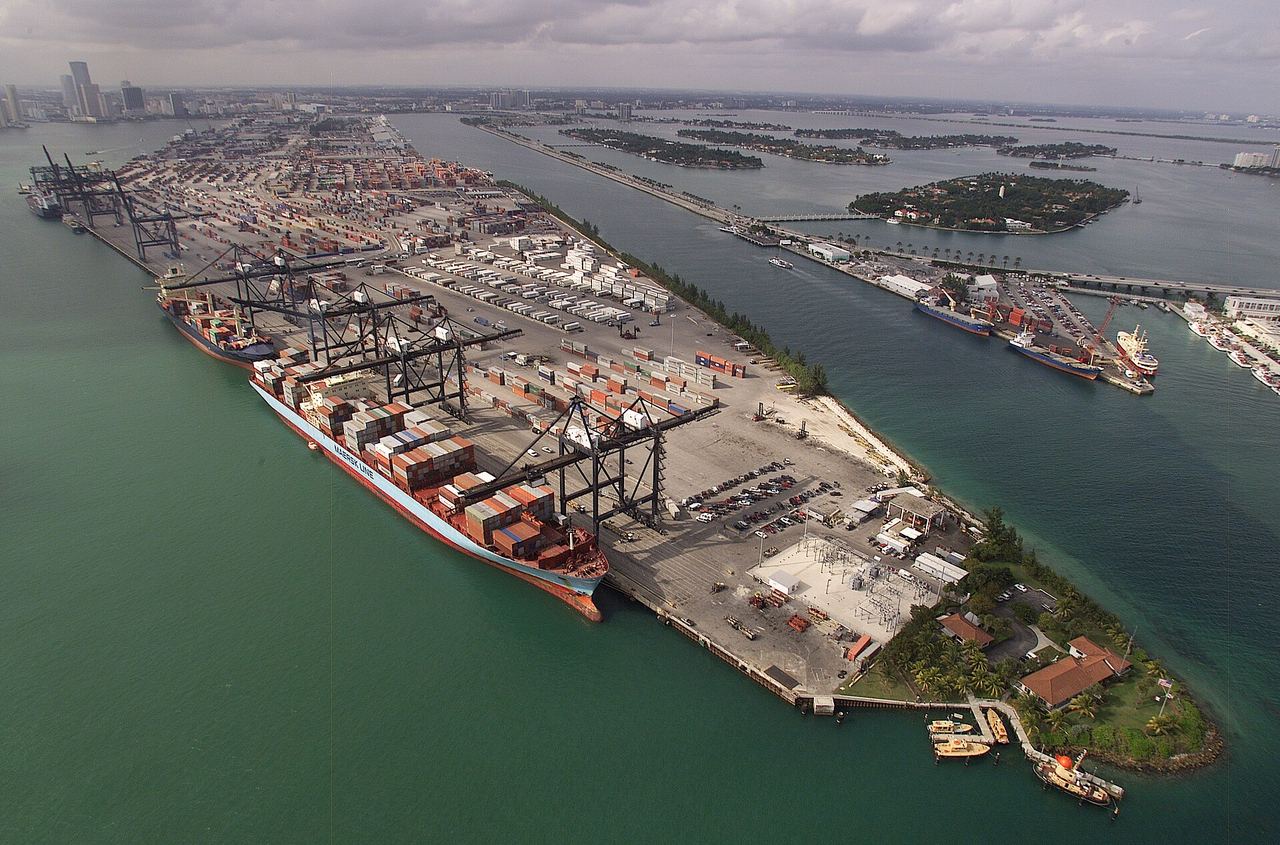 Container cranes and stacked containers at the Port of Miami, from the air